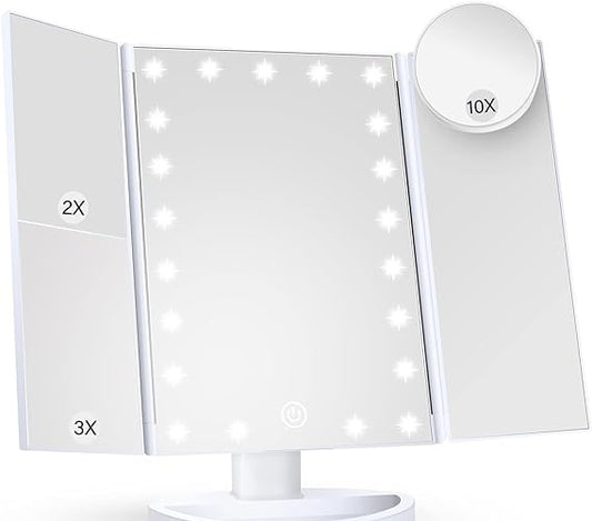 Makeup Mirror, Tri-fold Vanity Mirror with 1X/2X/3X and 10X Magnification Mirrors, 21 Natural LED Nights and Touch Screen, Chargeable Travel Cosmetic Mirror for Desktop
